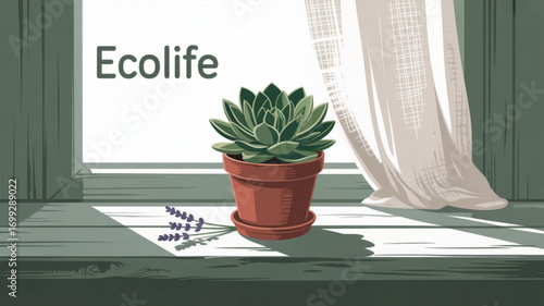Succulent plant in pot near window still life drawing home decor and lavender flowers illustration nature art