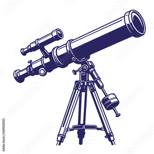 Vintage illustration of a detailed telescope on a tripod for astronomy and science
