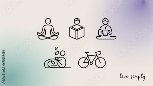 Wellness lifestyle vector icons for meditation reading coffee cycling and yoga for healthy living concept design