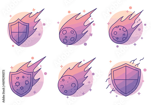 Set of stylized icons depicting meteorites and shields, in a pastel color palette.