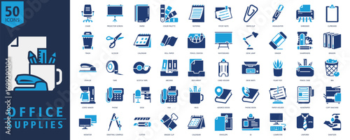 Office Supplies Icon Set Glyph Duotone with chair, projector screen, paper, color palette, notepad, sticky note, paper clip, highlighter, shredder, clipboard
