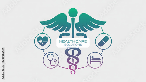 Healthcare solutions medical symbol with heart stethoscope bed and pill for clinic and hospital design
