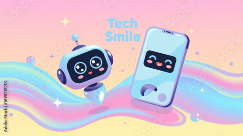 Cute robot and smartphone illustration for technology and communication concept digital art design vector