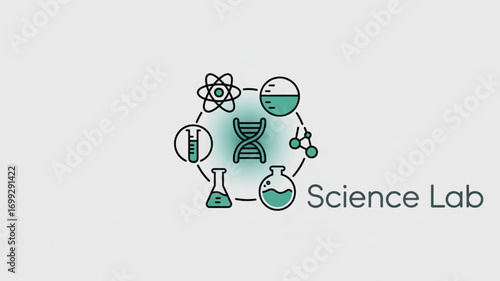 Science lab equipment vector design featuring dna molecule atom flask beaker test tube and chemical compounds