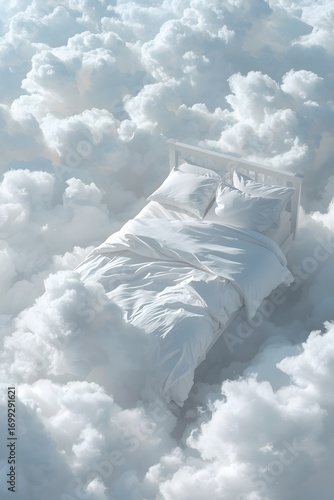 Dreamlike surreal concept of cozy white bed floating on fluffy soft clouds in blue sky, symbolizing comfort, relaxation, sleep, imagination, fantasy and peaceful serenity atmosphere