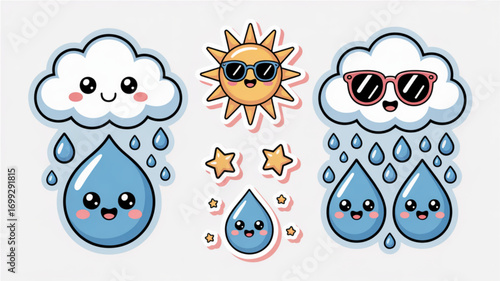 Cute weather forecast illustration with cloud sun rain drops and stars kawaii style vector design for kids