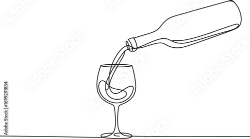 Continuous line drawing of wine being poured from a bottle into a glass