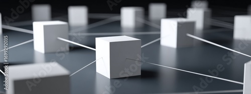 White cubes linked together by white lines on a dark gray surface, representing blockchain technology and decentralized network