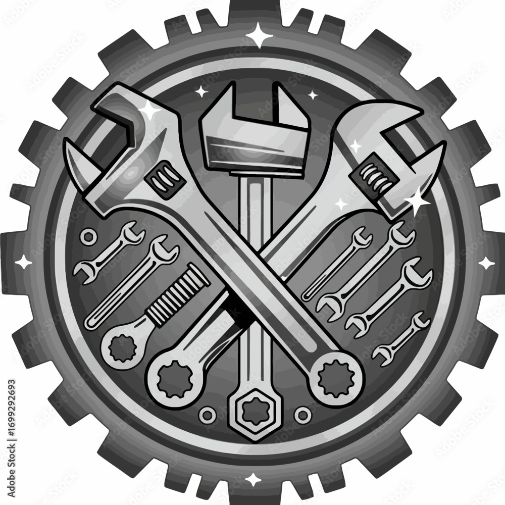 Fototapeta premium Illustration featuring crossed wrenches, smaller tools, and a gear-shaped background, representing mechanics.