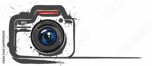 Stylized DSLR camera illustration with paint splatter effect, ready for text.