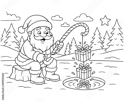 Santa Fishing with Candy Cane Rod on Frozen Lake – Holiday Coloring Page
