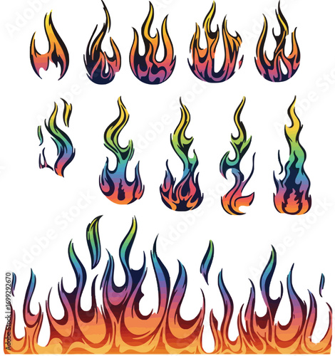 A collection of colorful, stylized flames in various shapes and sizes, rendered against a white background.