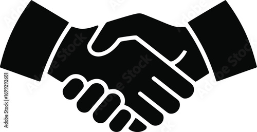 Black and white icon of two hands shaking in agreement