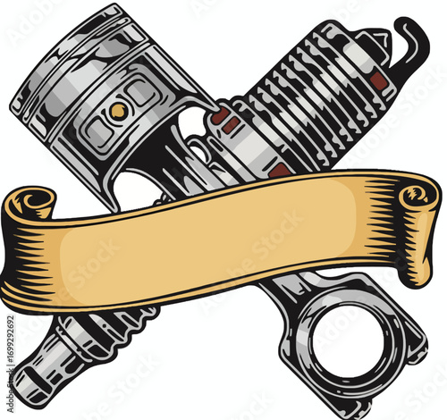 A crossed piston, connecting rod, and spark plug emblem with a banner for text.