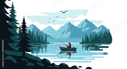 Peaceful mountain lake scene with a fisherman enjoying a serene day.