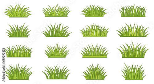 Various depictions of grass tufts, displayed in different shapes and heights, against a plain white background.