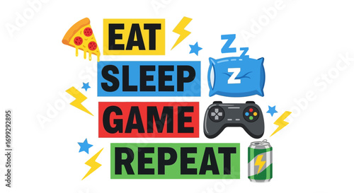 Gamer lifestyle graphic featuring pizza, sleep, gaming, and energy drink icons illustrating a cycle of eating, sleeping, gaming, and repeating.