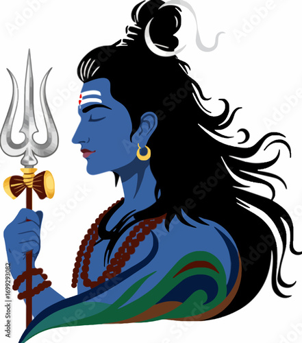 Illustration of the Hindu god Shiva with blue skin, holding a trident, in a side profile view.