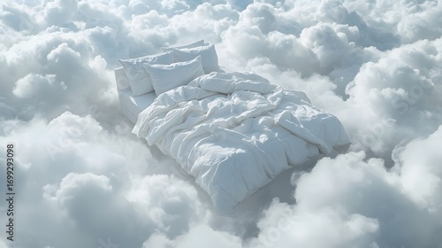 Dreamlike surreal concept of cozy white bed floating on fluffy soft clouds in blue sky, symbolizing comfort, relaxation, sleep, imagination, fantasy and peaceful serenity atmosphere