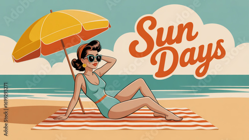 Vintage beach days illustration of woman sunbathing under umbrella on the beach with retro summer vibes
