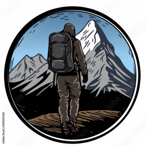A lone hiker with backpack contemplates majestic snow-capped mountains.