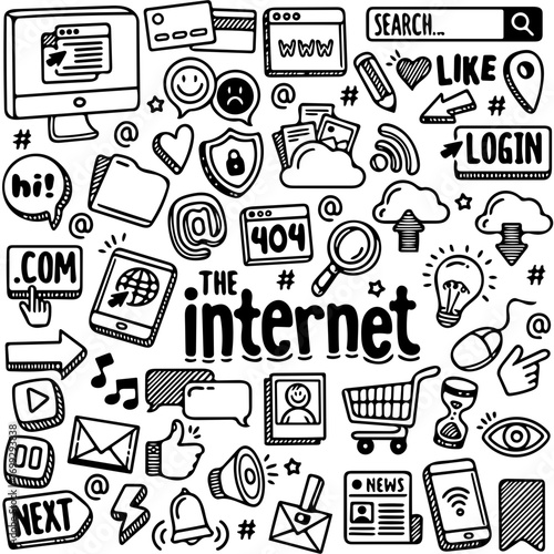 Hand-drawn doodle collection illustrating various internet concepts, including social media, online shopping, and web browsing.