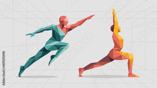 Geometric fitness illustration showing running and yoga poses for health and wellness concept design art