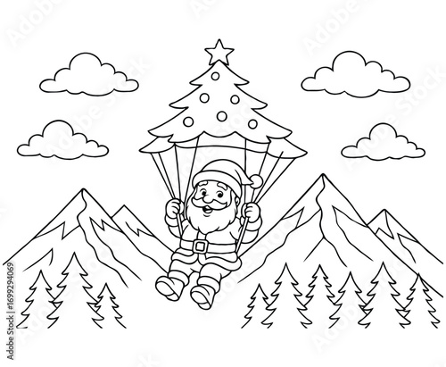Santa Paragliding with Christmas Over Mountains – Holiday Coloring Page
