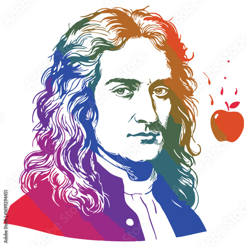 Isaac newtons portrait with rainbow colors and a falling apple is suitable for educational materials, science articles, and historical presentations.