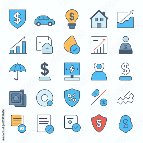 Modern business icons representing finance, growth, insurance, and digital solutions for your projects
