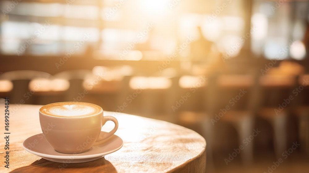 Fototapeta premium Steaming hot latte cup on an elegant cafe table, evoking a warm morning breakfast atmosphere.