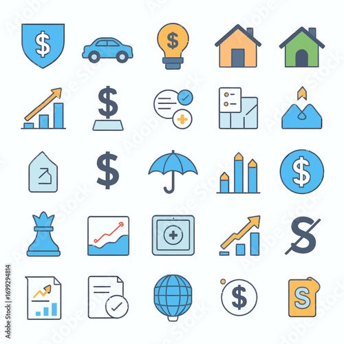 Modern financial and business icons symbolizing growth, protection, and investment for commercial use.
