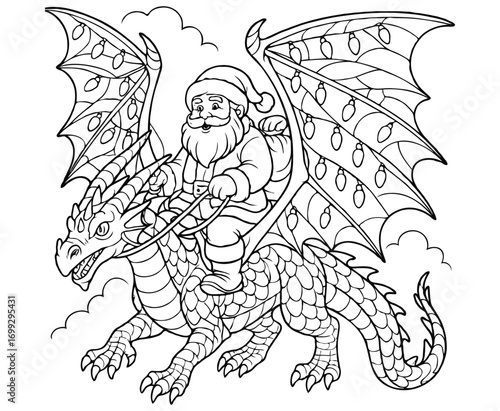 Santa Riding Dragon with Christmas Light Wings – Holiday Coloring Page