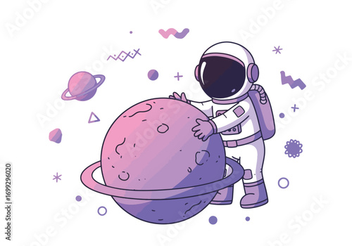 An astronaut gently interacts with a large, ringed planet in space, surrounded by abstract shapes and stars.
