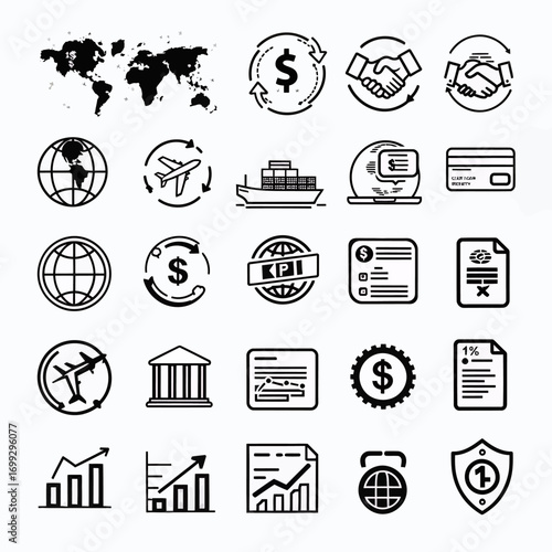 Global business finance icons showcase growth, transactions, and international trade for modern commerce
