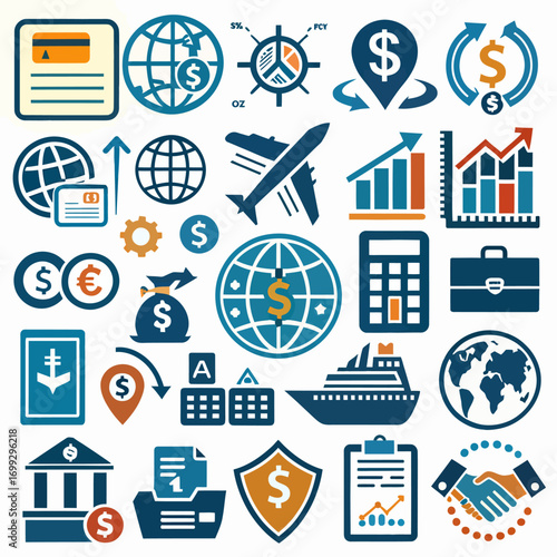 Dynamic business icons showcase finance, travel, and global commerce growth opportunities.
