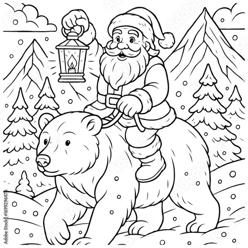 Santa Riding Polar Bear with Lantern in Snowy Mountains – Holiday Coloring Page