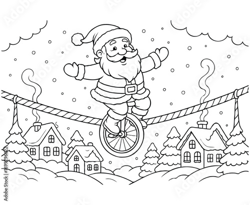 Santa Riding Unicycle on Candy Cane Tightrope Above Snowy Houses – Holiday Coloring Page