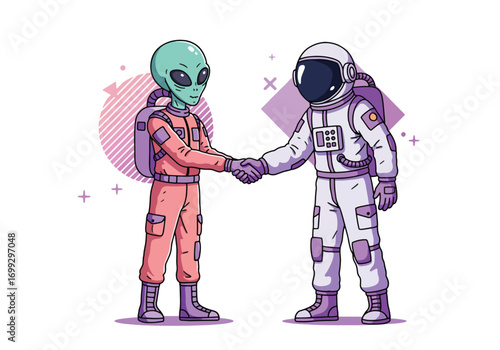 An astronaut and an alien shaking hands, a symbolic gesture of intergalactic cooperation.