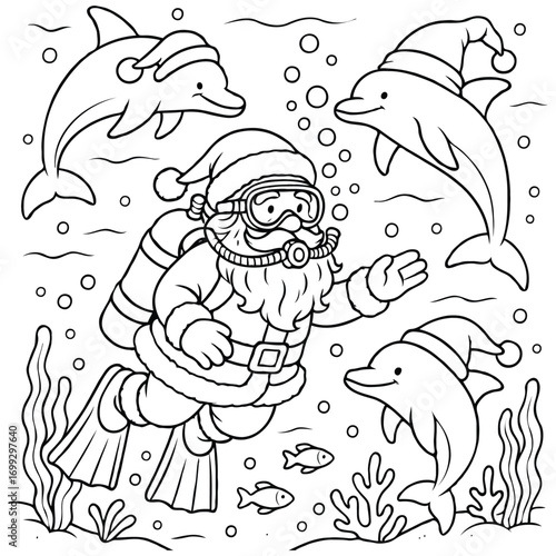 Santa Scuba Diving with Dolphins in Christmas Hats – Holiday Coloring Page