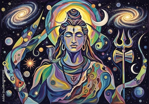 A vibrant artistic depiction of a Hindu god in a transcendental state of meditation against a cosmic backdrop of stars and galaxies