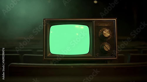 Retro TV with Green Screen in Dark Theater