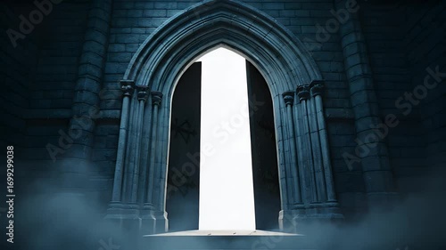Gothic Doorway Opens to Light in Foggy, Mysterious Castle Entrance