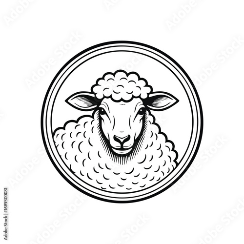 Calm Sheep Portrait in Circle. This elegant monochrome illustration features a serene lamb within a circular frame. It embodies innocence, tranquility, and natural purity.
