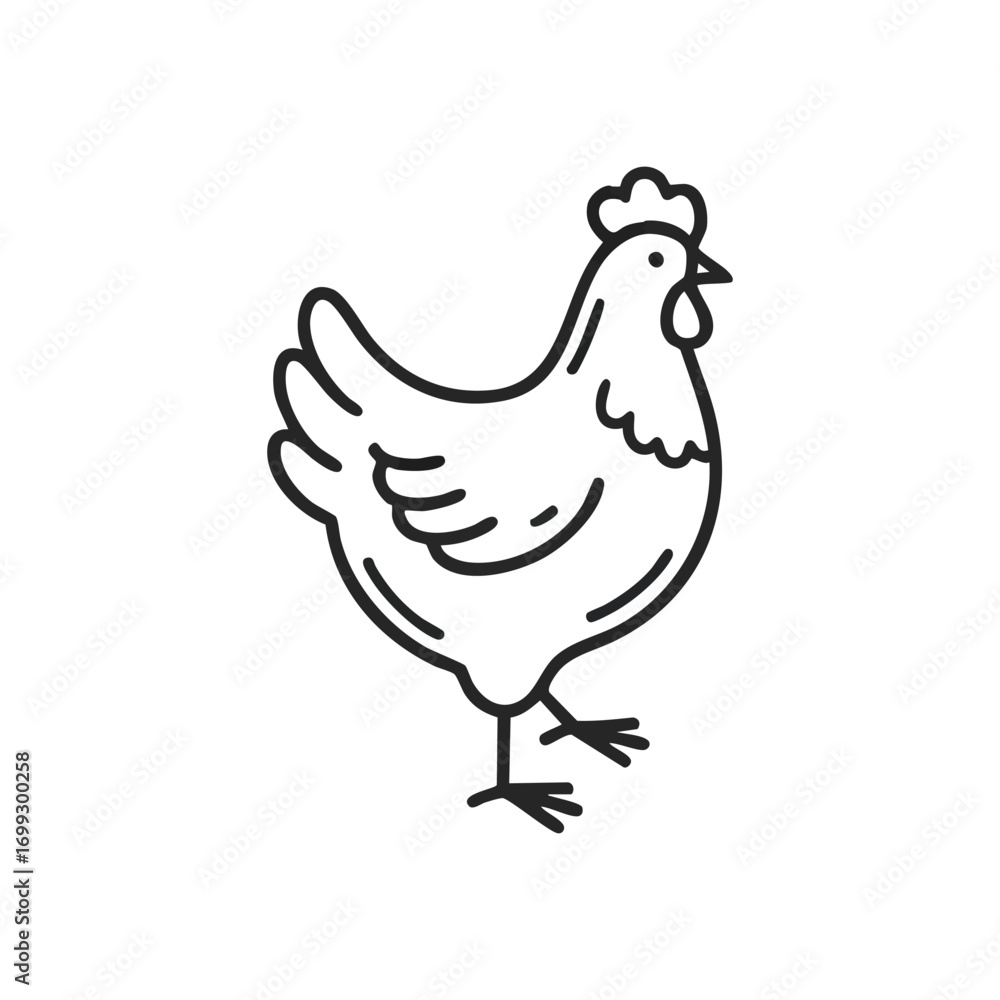 Fototapeta premium Minimalist Hen Line Icon. A clean monochrome fowl outline on a dark background, ideal for culinary or agricultural designs. Represents fresh produce and farm life.