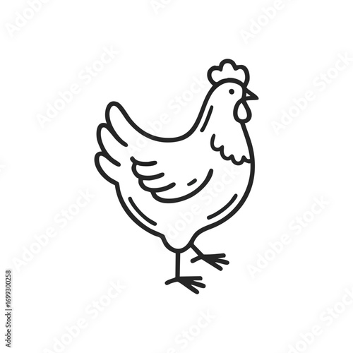 Minimalist Hen Line Icon. A clean monochrome fowl outline on a dark background, ideal for culinary or agricultural designs. Represents fresh produce and farm life.