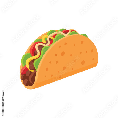Colorful Beef Taco Illustration. Depicts a delicious Mexican cuisine item with crunchy shell, savory ground meat, fresh vegetables, and zesty sauce.