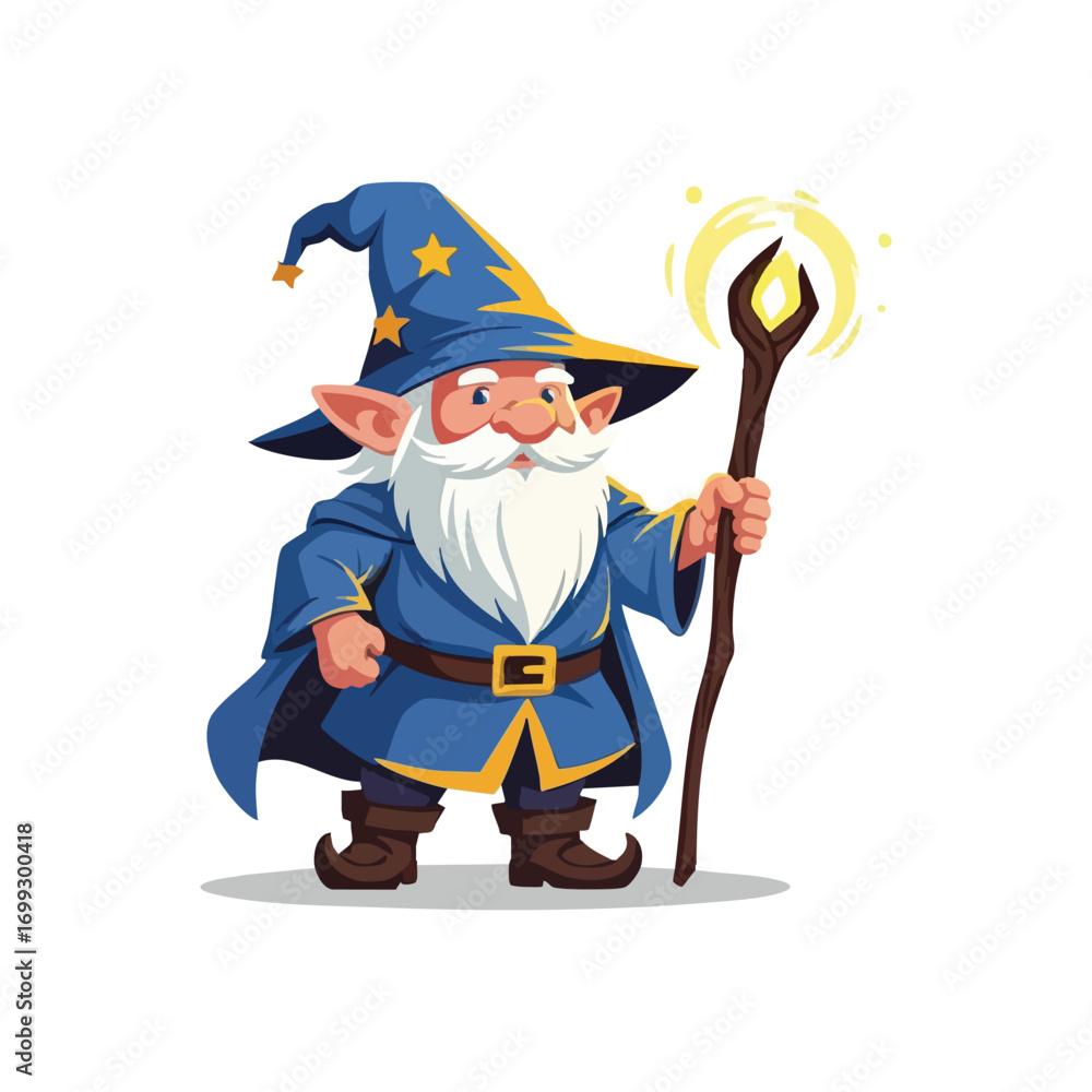 Obraz premium Whimsical Wizard with Magic Staff. This charming sorcerer wears a starry hat and holds a glowing crystal wand. An aged mystic, he embodies fantasy, wonder, and spellbinding adventures.