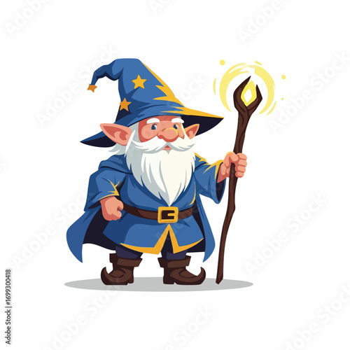 Whimsical Wizard with Magic Staff. This charming sorcerer wears a starry hat and holds a glowing crystal wand. An aged mystic, he embodies fantasy, wonder, and spellbinding adventures.