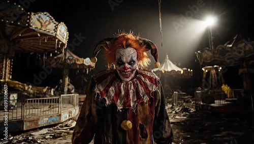 Terrifying Clown's Menacing Stare in Dark Setting